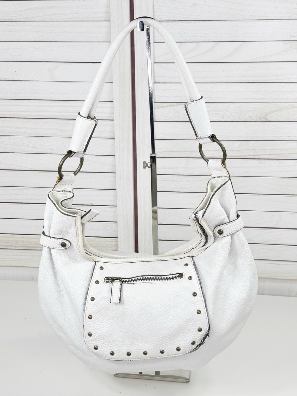 Maxx New York Leather Studded Front Pocket Hobo Shoulder Bag White